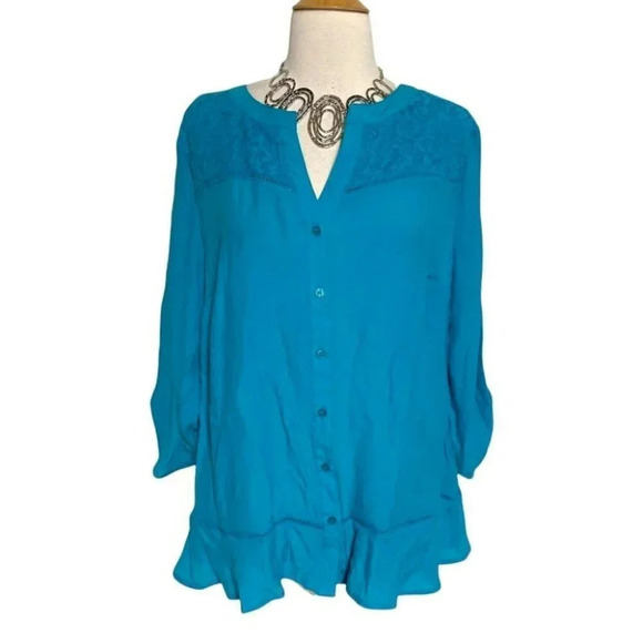 NY Collection woman 1X teal blue peasant style top NWT - Picture 1 of 7